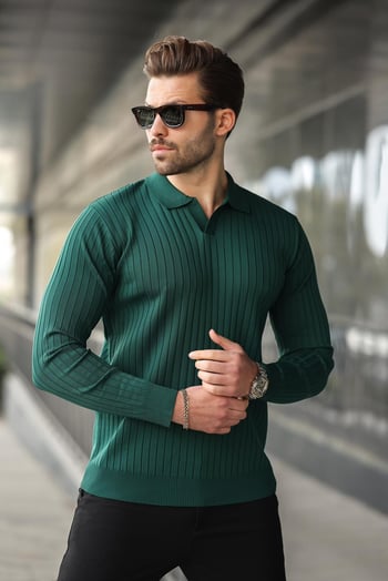 Yeşil Polo Yaka Çizgili Uzun Kollu Kazak 7239