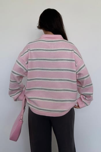 Pembe Polo Yaka Çizgili Kadın Triko Kazak Mg2469