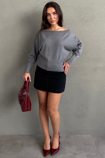 Gri Ribbed Asimetrik Kesimli Kadın Kazak MG2744