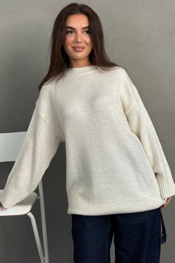 Ekru Bisiklet Yaka Oversize Uzun Kadın Triko Kazak MG2890