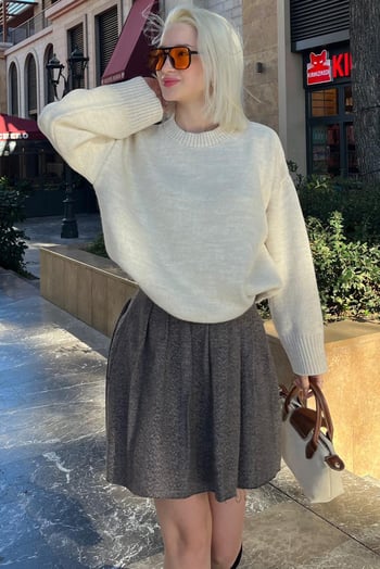 Ekru Bisiklet Yaka Oversize Triko Kazak MG1972