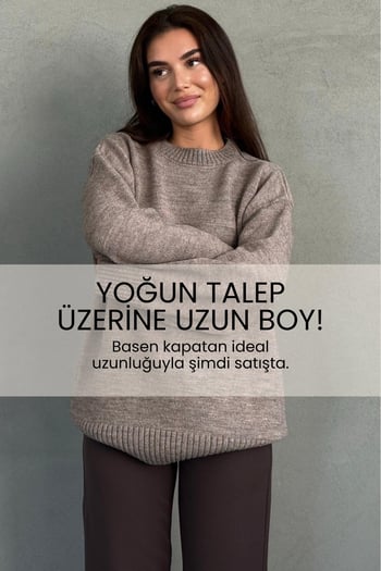 Vizon Bisiklet Yaka Oversize Uzun Kadın Triko Kazak MG2890
