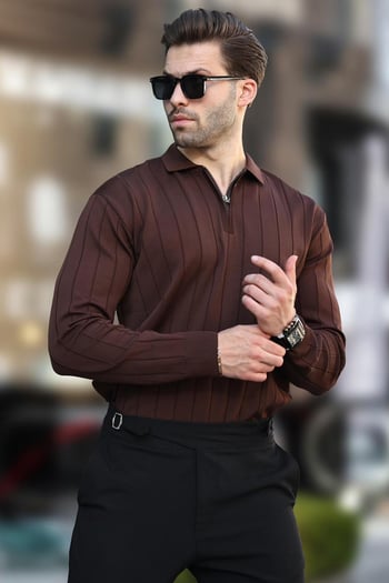Kahverengi Polo Yaka Fermuarlı Örme Kazak 7242