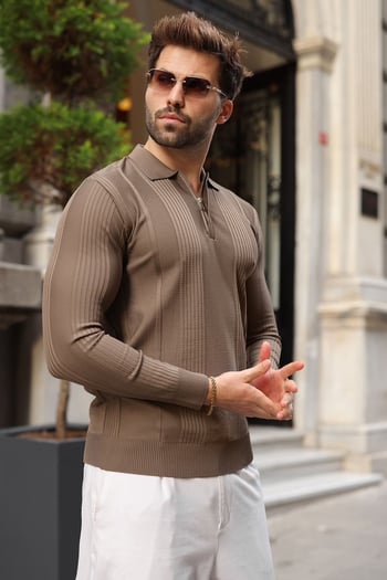 Açık Kahve Polo Yaka Slim Fit Erkek Triko Kazak E7527