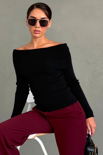 Siyah Madonna Yaka Uzun Kollu Triko Kazak MG2184