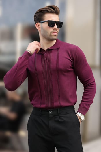Mor Polo Yaka Çizgili Erkek Triko Kazak 7265