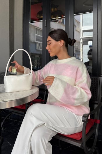 Pembe Bisiklet Yaka Çizgili Triko Kadın Kazak Mg2472