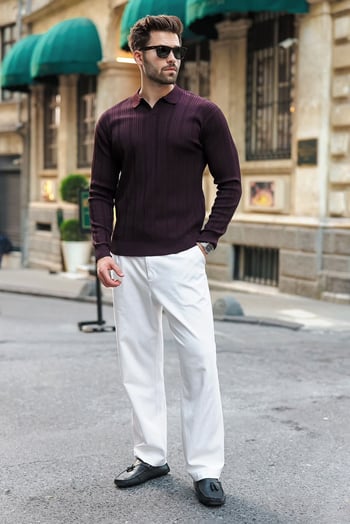 Mürdüm Polo Yaka Desenli Over Fit Erkek Triko Kazak E7517