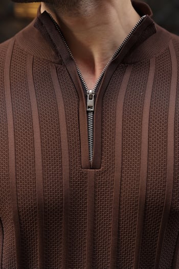 Kahverengi Slim Fit Hakim Yaka Fermuarlı Erkek Triko Kazak E7518  