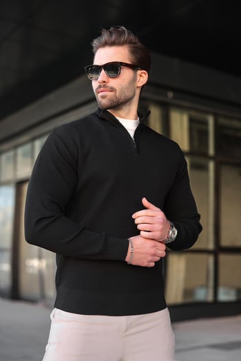 Siyah Yarım Fermuarlı Dik Yaka Erkek Triko Kazak 7442