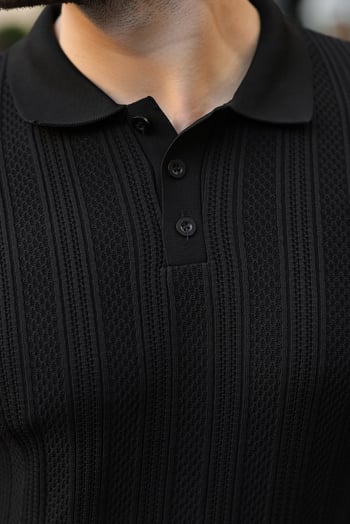 Siyah Düğmeli Polo Yaka Desenli Over Fit Erkek Triko Kazak E7520
