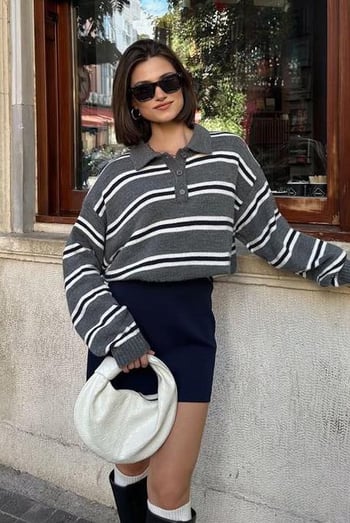 Antrasit Polo Yaka Çizgili Kadın Triko Kazak Mg2469