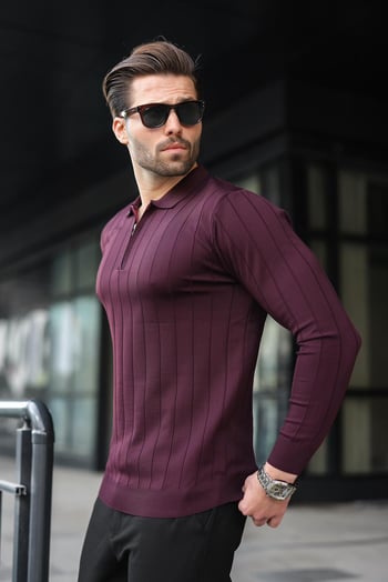Bordo Polo Yaka Fermuarlı Örme Kazak 7242
