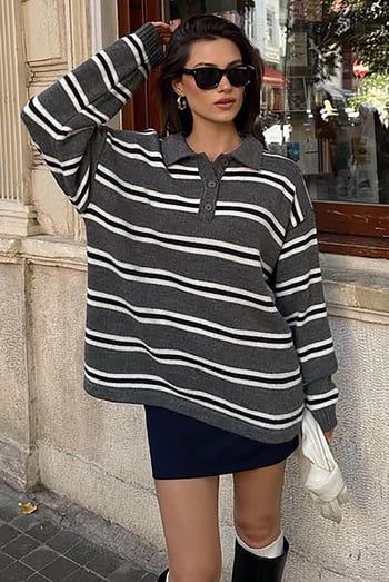 Antrasit Polo Yaka Çizgili Kadın Triko Kazak Mg2469