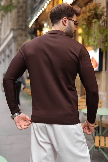 Kahverengi Polo Yaka Slim Fit Erkek Triko Kazak E7527