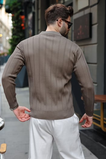 Açık Kahve Polo Yaka Desenli Over Fit Erkek Triko Kazak E7517