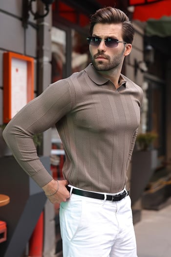 Açık Kahverengi Regular Fit Polo Yaka Triko Erkek Kazak E7509