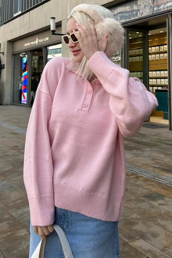 Pembe Düğmeli Polo Yaka Kadın Kazak Mg2307