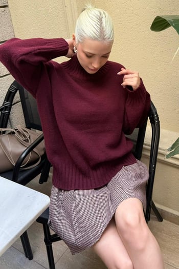 Bordo Boğazlı Kadın Triko Kazak Mg2535