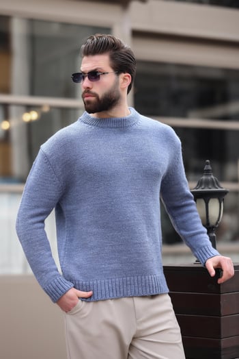 İndigo  Bisiklet Yaka Overfit Erkek Triko Kazak E7402