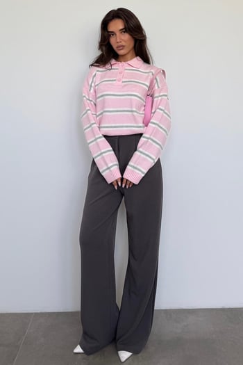 Pembe Polo Yaka Çizgili Kadın Triko Kazak Mg2469