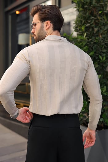 Taş Rengi Regular Fit Polo Yaka Triko Erkek Kazak E7509