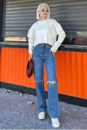 Krem Bisiklet Yaka Crop Kadın Kazak MG2166