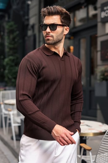 Kahverengi Polo Yaka Desenli Over Fit Erkek Triko Kazak E7517