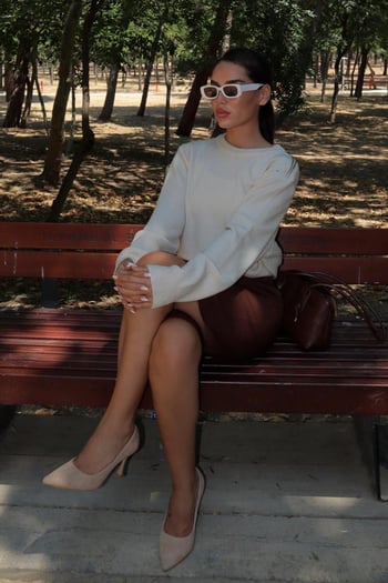 Bej Bisiklet Yaka Kadın Triko Kazak Mg2494