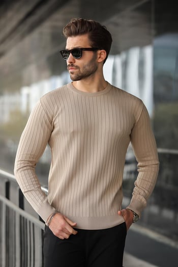 Açık Kahverengi Bisiklet Yaka Çizgili Uzun Kollu  Kazak E7273