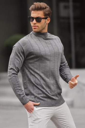 Antrasit Slim Fit Yarım Balıkçı Yaka  Çizgili Tüylenmeyen Erkek Triko Kazak 6344