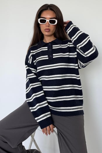 Lacivert Polo Yaka Çizgili Kadın Triko Kazak Mg2469