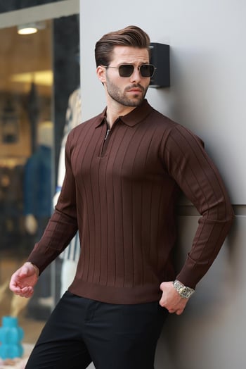 Kahverengi Polo Yaka Fermuarlı Örme Kazak 7242