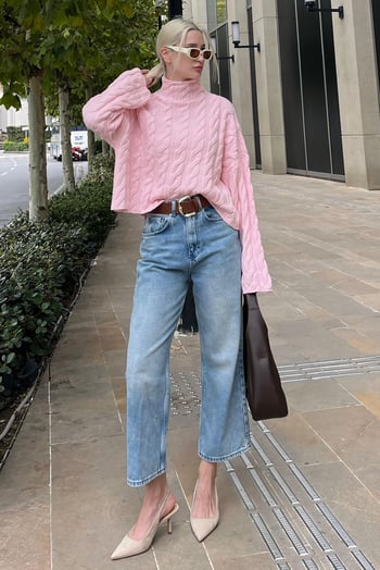 Pembe Balıkçı Yaka Örme Triko Kazak MG2172