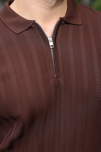 Kahverengi Fermuarlı Polo Yaka Dokulu Erkek Triko Kazak E7523
