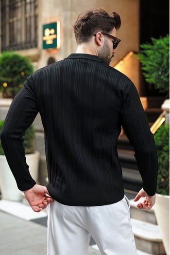 Siyah Polo Yaka Desenli Over Fit Erkek Triko Kazak E7517