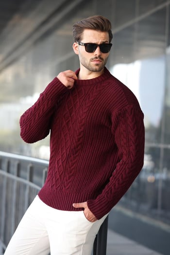 Bordo Örgü Desenli Triko Erkek Kazak E7425