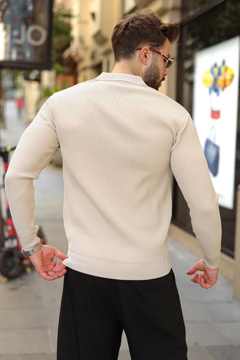 Taş Rengi Polo Yaka Yarım Fermuarlı Dokulu Erkek Triko Kazak E7510