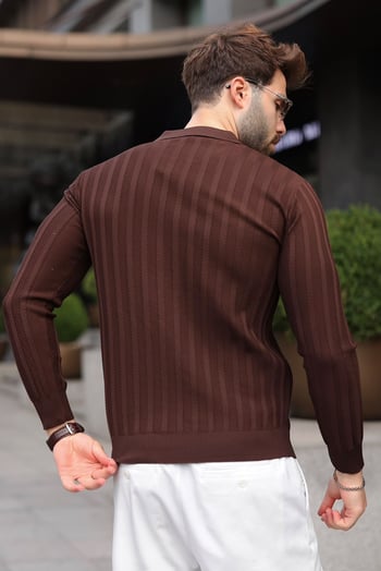 Kahverengi Fermuarlı Polo Yaka Dokulu Erkek Triko Kazak E7523