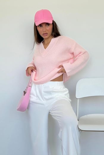 Pembe V Yaka Triko Kadın Kazak Mg2501