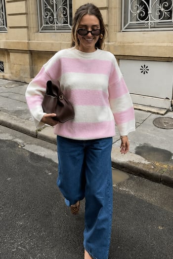 Pembe Bisiklet Yaka Çizgili Triko Kadın Kazak Mg2472