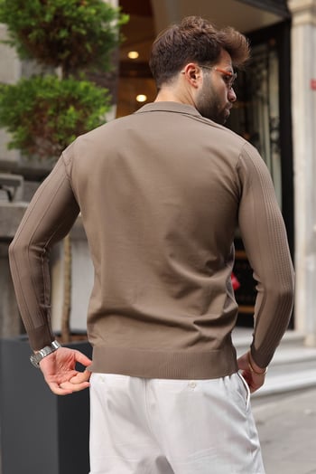 Açık Kahve Polo Yaka Slim Fit Erkek Triko Kazak E7527
