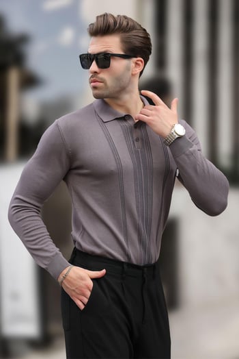 Koyu Gri Polo Yaka Çizgili Erkek Triko Kazak 7265
