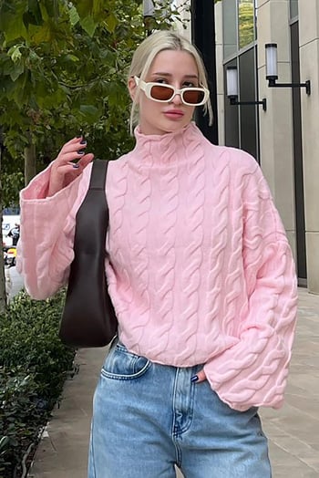 Pembe Balıkçı Yaka Örme Triko Kazak MG2172