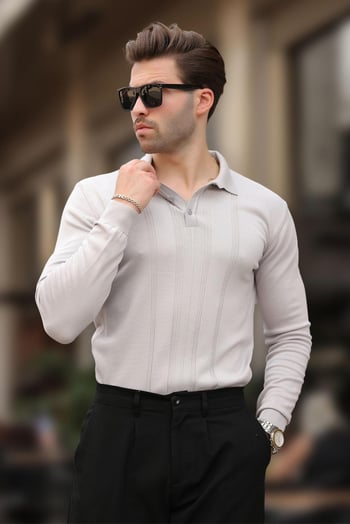 Gri Polo Yaka Çizgili Erkek Triko Kazak 7265