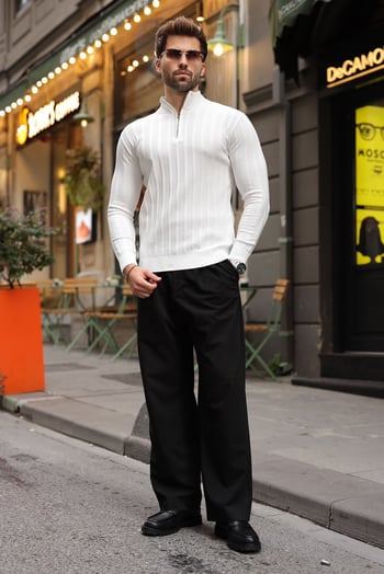Beyaz Slim Fit Hakim Yaka Fermuarlı Erkek Triko Kazak E7518  