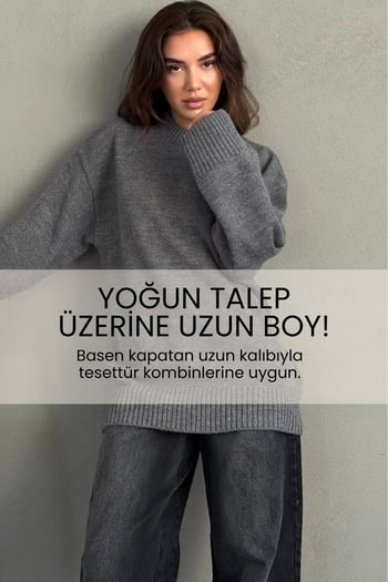 Antrasit Bisiklet Yaka Oversize Uzun Kadın Triko Kazak MG2890