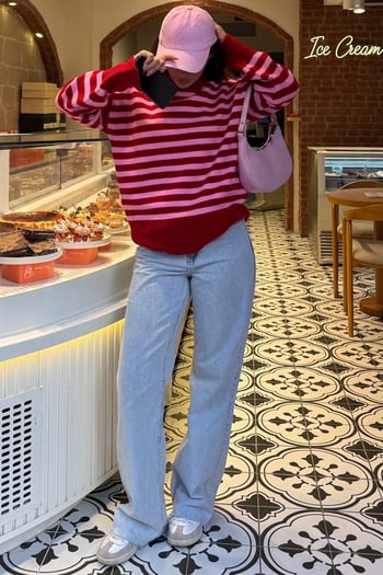 Kırmızı Çizgili Bisiklet Yaka Oversize Kadın Kazak MG2894