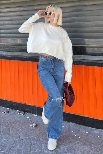 Krem Bisiklet Yaka Crop Kadın Kazak MG2166