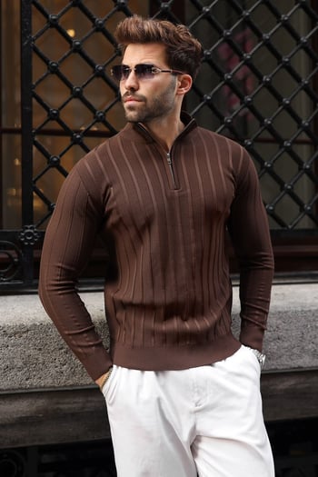 Kahverengi Slim Fit Hakim Yaka Fermuarlı Erkek Triko Kazak E7518  